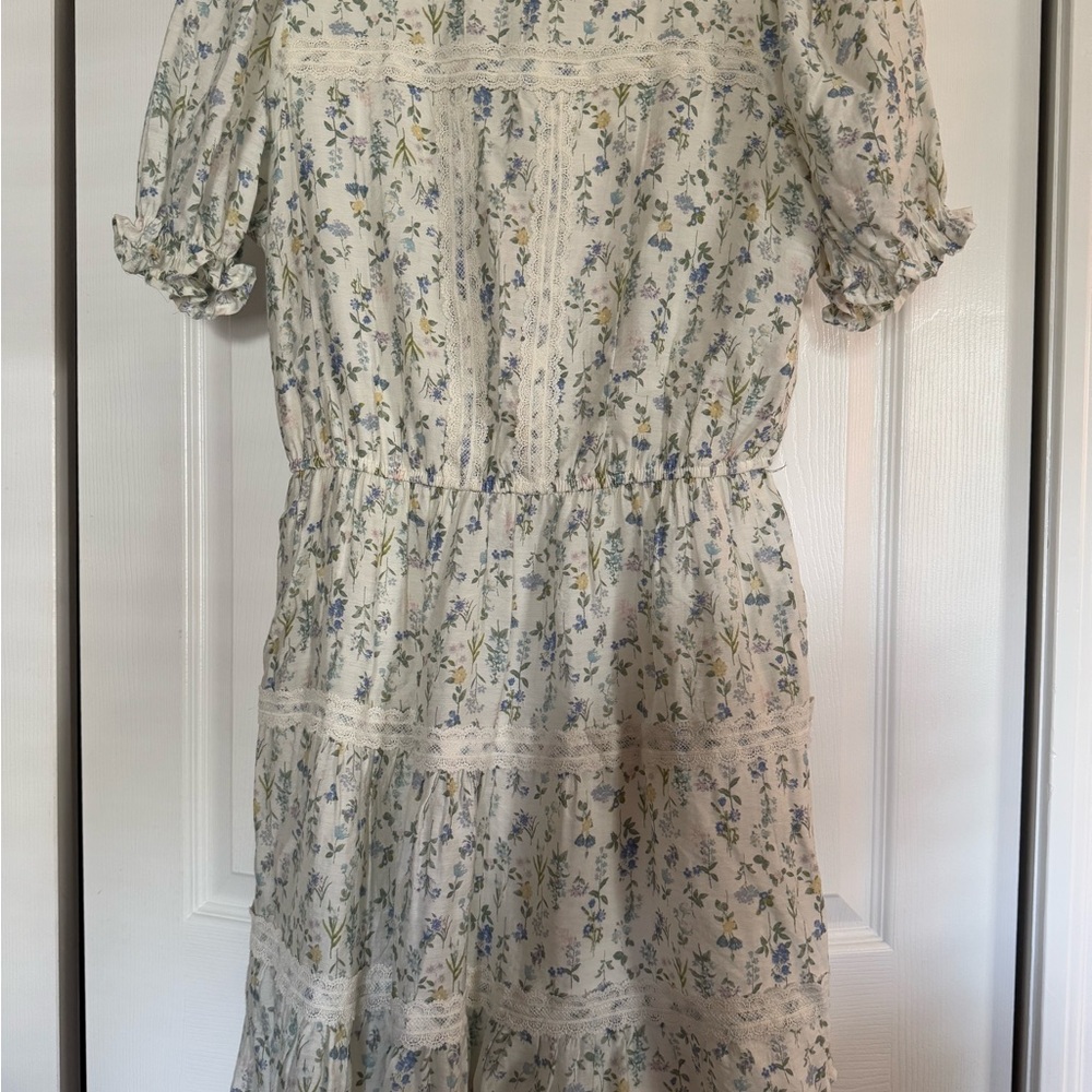 Blu Pepper Blue and Cream Tiered Midi Sundress with Puff Sleeves